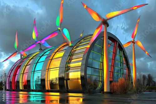 Luminous eco-friendly urban architecture with rainbow bridges and vivid lighting in a futuristic cityscape