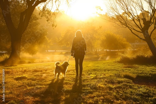 Serene Golden Hour Woman Walking Dog in Sunlit Park, Capturing the Tranquil Bond at Sunset photo