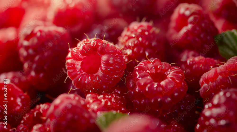 A detailed shot of fresh red ripe raspberries, filling the entire background. The berries' vibrant color and juicy texture make for a visually striking and appetizing scene. A detailed shot of fresh red ripe raspberries, filling the entire background. The berries' vibrant color and juicy texture make for a visually striking and appetizing scene.