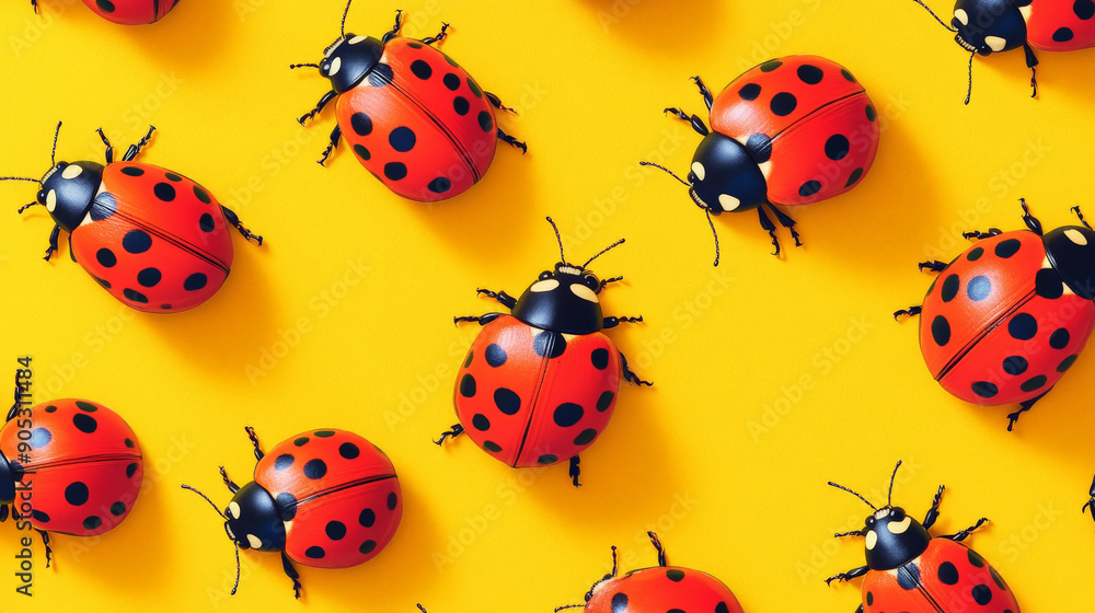 A pattern of vibrant ladybugs with red and black spots, set against a bright background. The cheerful design features the ladybugs in various poses. A pattern of vibrant ladybugs with red and black spots, set against a bright background. The cheerful design features the ladybugs in various poses.