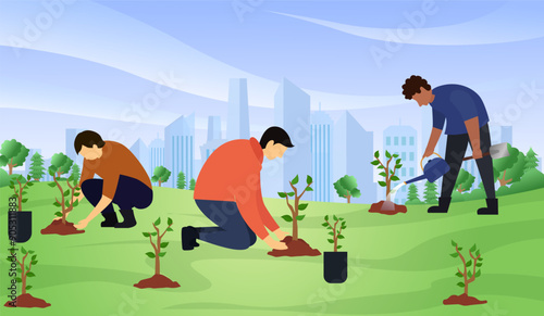 reforestation concept vector illustration, Reforestation with planting tree seeds, Environmental activists plant tree seedlings in country side forest area