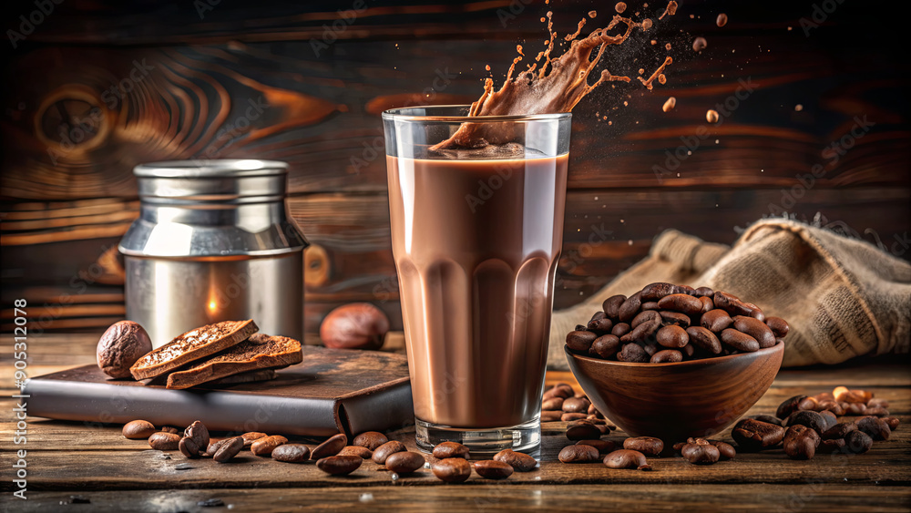 A tall glass filled with chocolate drink splashes amidst coffee beans and cookies placed on a rustic wooden table, illuminated by warm lighting A tall glass filled with chocolate drink splashes amidst coffee beans and cookies placed on a rustic wooden table, illuminated by warm lighting