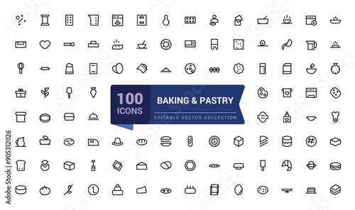 Baking and pastry editable stroke outline minimal icons set. Outline icon collection. Editable stroke. Vector illustration.