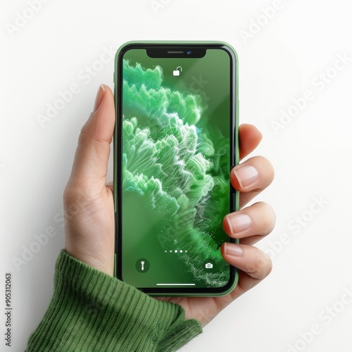 Hand holding smartphone with blank green screen, isolated on white background