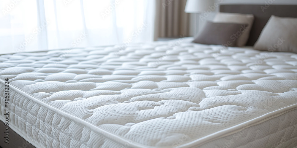 Fototapeta premium Maintaining a Clean Sleep Environment with Effective Mattress Care. Concept Mattress Cleaning, Dust Mite Control, Healthy Sleep, Home Hygiene, Comfort Solutions