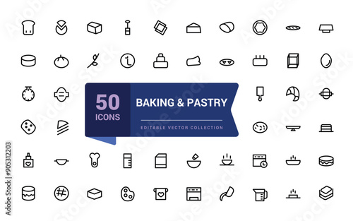 Baking and pastry editable stroke outline minimal icons set. Outline icon collection. Editable stroke. Vector illustration.