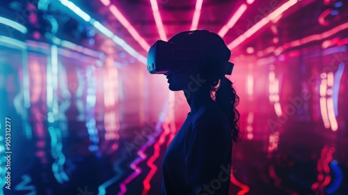 Silhouette of a Woman in VR Headset with Neon Lights