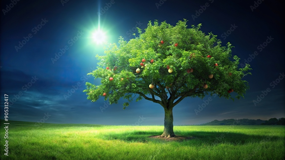 An apple tree in a dark night, illuminated by green energy, nature, eco-friendly, asymmetrical, alternative energy, leaves, sustainability, green energy, technology, nighttime, branches An apple tree in a dark night, illuminated by green energy, nature, eco-friendly, asymmetrical, alternative energy, leaves, sustainability, green energy, technology, nighttime, branches