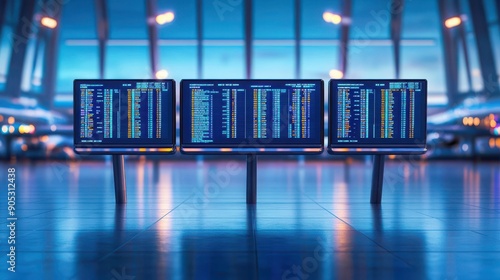 Modern airport display showing flight information with a futuristic design and illuminated screens in a spacious terminal. photo