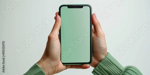 Hand holding smartphone with blank green screen, isolated on white background. Modern technology mockup