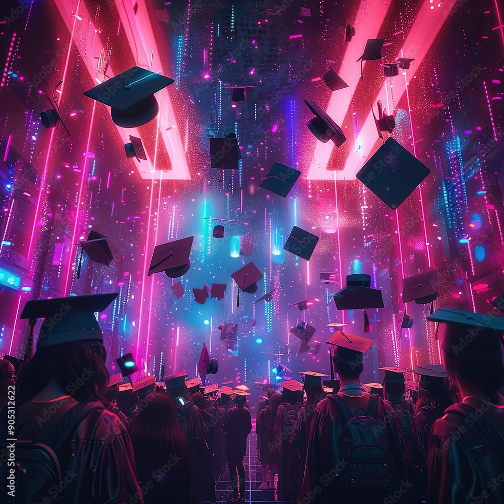 Vibrant digital graduation scene with students celebrating, throwing caps under futuristic neon lights.