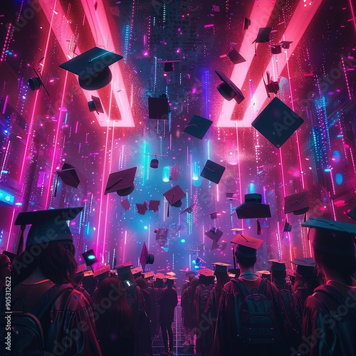 Vibrant digital graduation scene with students celebrating, throwing caps under futuristic neon lights.