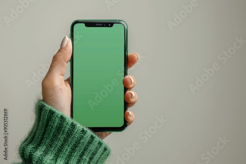 Hand holding smartphone with blank green screen, isolated on white background. Clean and modern technology mockup