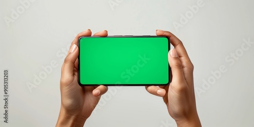 Hand holding smartphone with blank green screen, isolated on white background. Ideal for app and design mockups