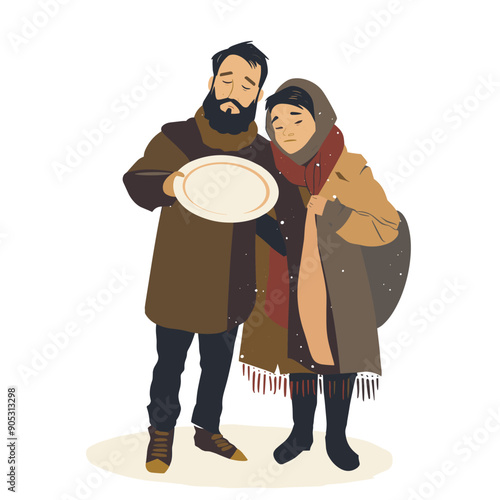 Homeless couple seeking help, holding empty plate, enduring winters chill. Man beard brown coat woman scarf sad expressions poverty illustration. Destitute pair experiences hardship, snowy season