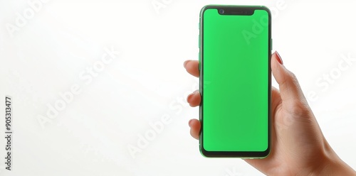 Hand holding smartphone with blank green screen, isolated on white background. Perfect for digital content and app mockups