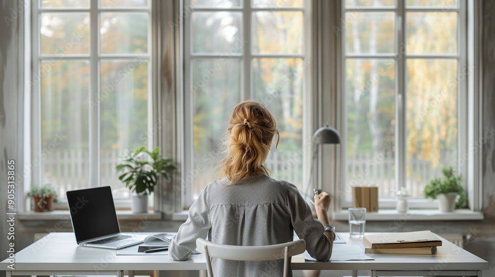 Woman Sitting at Desk Working Indoors With View of Autumn Trees. Generative AI Woman Sitting at Desk Working Indoors With View of Autumn Trees. Generative AI