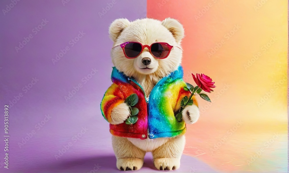 Bear in Rainbow Jacket Holding a Rose Bear in Rainbow Jacket Holding a Rose