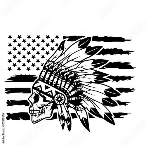 Native Head Dress Skull | Native American Skull | Skull | Distressed US Flag | Human Skull | Indian Skull | Tepee | Feather Head | Original Illustration | Vector and Clipart | Cutfile and Stencil