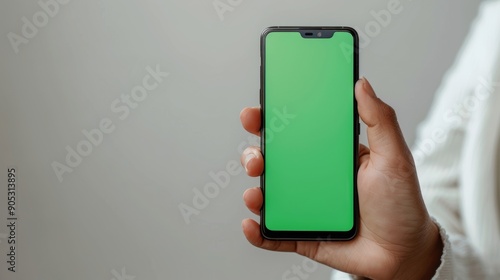 Human hand holding a smartphone with blank green screen, minimalistic design, isolated on white background. Ideal for modern tech mockups