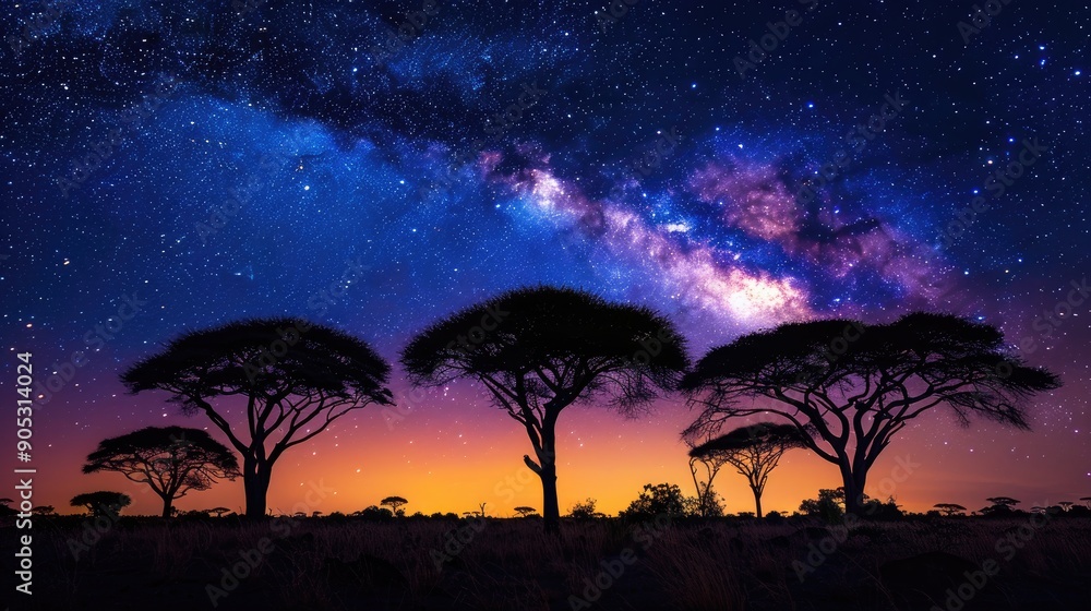 Silhouette of African trees under the Milky Way at sunrise Silhouette of African trees under the Milky Way at sunrise