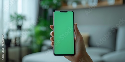 Human hand holding a smartphone with blank green screen, minimalistic design, isolated on white background. Ideal for tech mockups