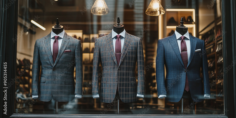Demonstration of men's business suits in a store window. Demonstration of men's business suits in a store window.