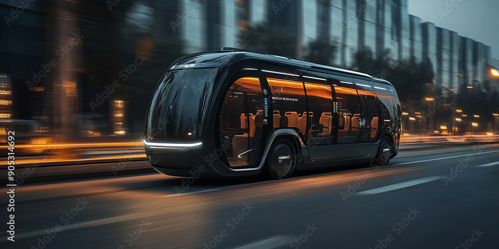 Fototapeta premium Autonomous bus driving in the city. Passenger bus of the future. Electric passenger bus.