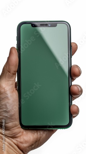 Human hand holding smartphone with blank green screen, minimalistic design, white background