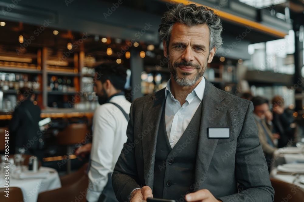 A confident grey-haired man in a suit with a name tag stands in an upscale restaurant, exuding an air of sophistication and professionalism with a subtle smile. A confident grey-haired man in a suit with a name tag stands in an upscale restaurant, exuding an air of sophistication and professionalism with a subtle smile.