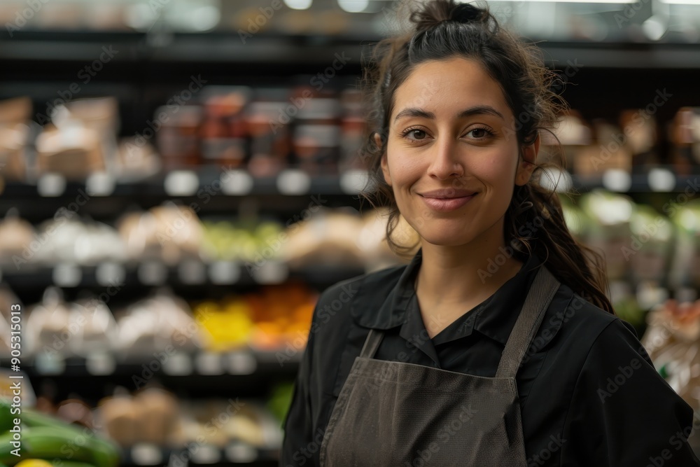 A smiling female employee in a grocery store, wearing an apron and standing in front of a variety of fresh produce, reflecting her dedication and satisfaction at work. A smiling female employee in a grocery store, wearing an apron and standing in front of a variety of fresh produce, reflecting her dedication and satisfaction at work.
