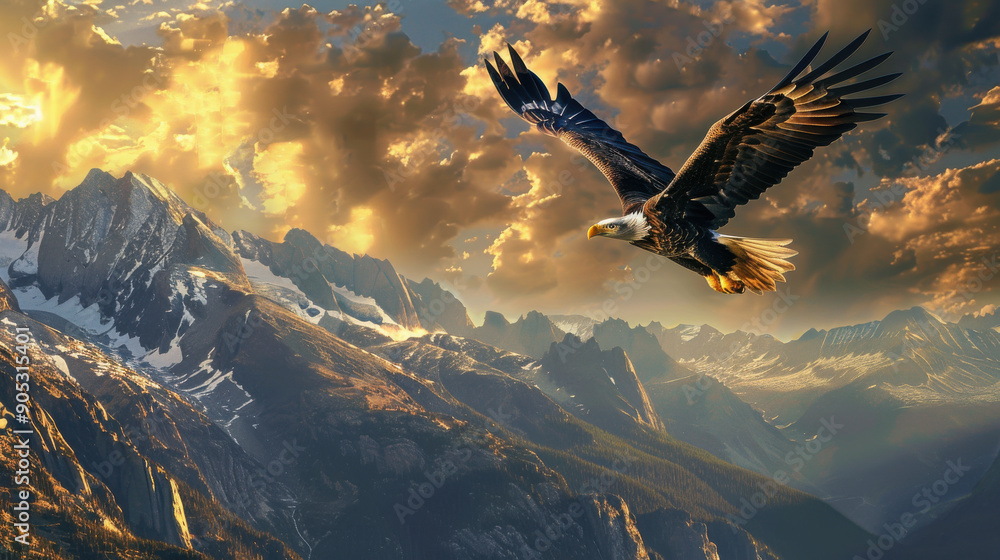 Fototapeta premium A majestic bald eagle soaring high above the rugged mountains of North America, with a dramatic sky in the background.