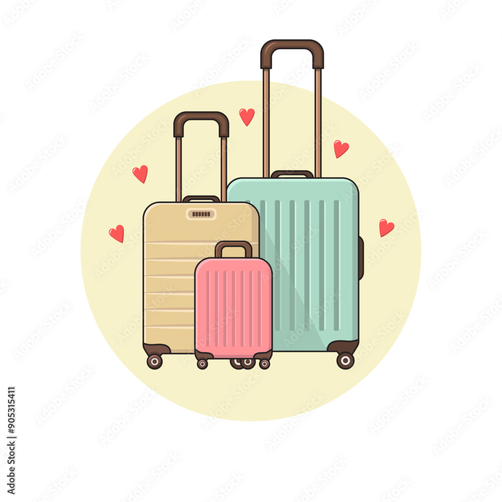 Fototapeta premium Vector Illustration of three Cute Cartoon Suitcases with Little Hearts around.