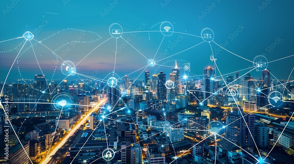 Modern cityscape and communication network concept Telecommunication IoT Internet of Things ICT Information communication Technology 5G Smart city Digital transformation : Generative AI Modern cityscape and communication network concept Telecommunication IoT Internet of Things ICT Information communication Technology 5G Smart city Digital transformation : Generative AI