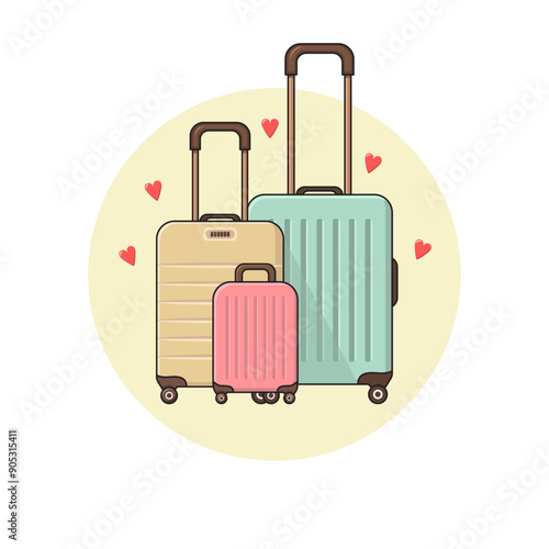 Vector Illustration of three Cute Cartoon Suitcases with Little Hearts around.