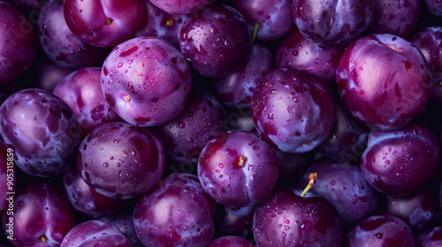 A detailed close-up of fresh purple plums, with each plum looking plump and juicy. The background is densely packed with plums, highlighting their freshness and appeal.
