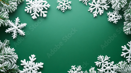Wallpaper Mural Snow-covered green background with intricate white snowflakes, forming a serene Christmas winter design. The green backdrop adds a natural, festive touch. Torontodigital.ca