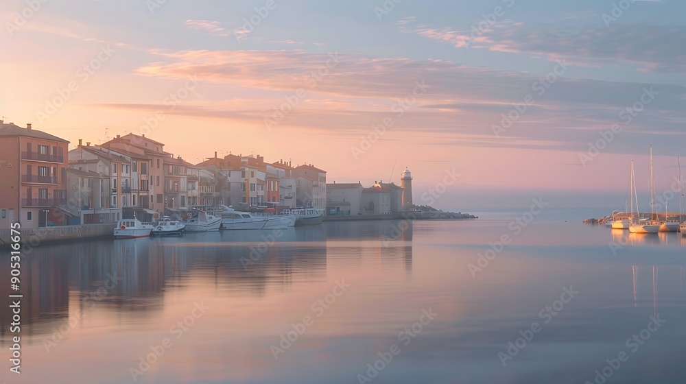 Serene Coastal City at Sunrise with Modern and Traditional Waterfront Buildings Serene Coastal City at Sunrise with Modern and Traditional Waterfront Buildings