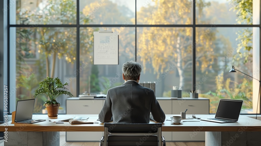 Professional Man Reflecting on Work in Modern Office With Large Windows During Autumn. Generative AI Professional Man Reflecting on Work in Modern Office With Large Windows During Autumn. Generative AI