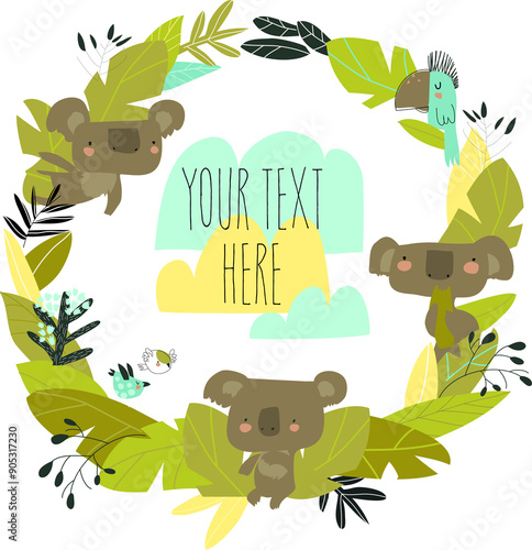 Photography Vector Cartoon wreath with koalas and plants on white background