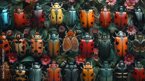 A high-resolution 8K 3D image showcasing a vibrant collection of various insects, including butterflies, beetles, and dragonflies, on a natural background.