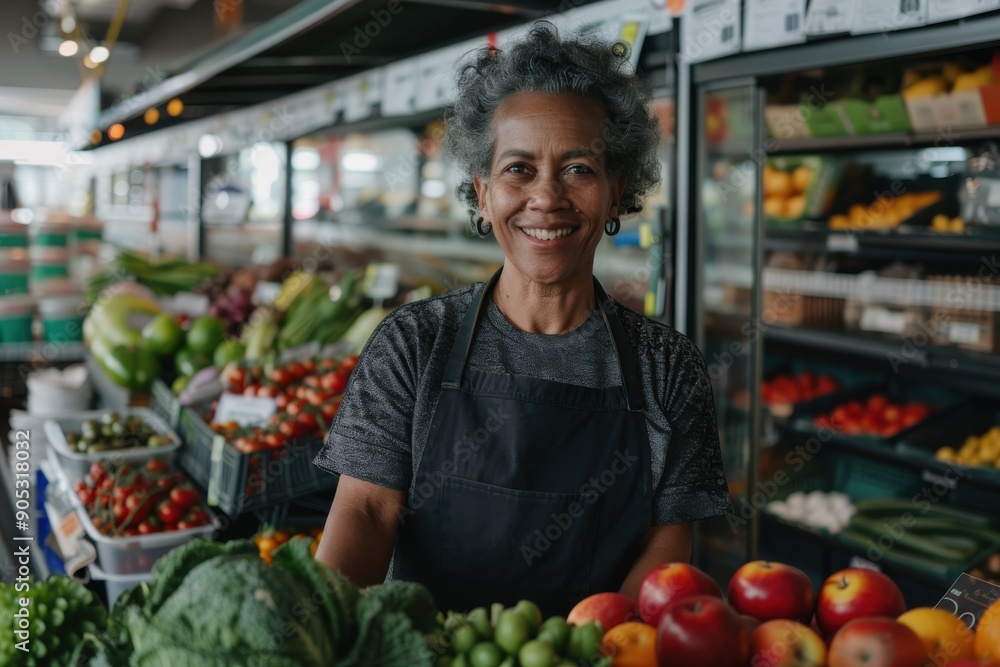 A smiling woman wearing a gray apron stands in a fresh produce aisle filled with various fruits and vegetables, epitomizing friendliness and attentiveness.