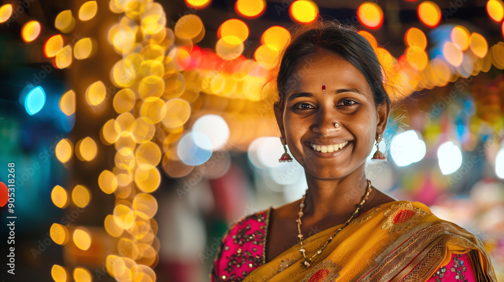 A portrait of an Indian woman smiling in a beautiful Saree, standing in front of shimmering Hindu celebration blurry lights in the background. A portrait of an Indian woman smiling in a beautiful Saree, standing in front of shimmering Hindu celebration blurry lights in the background.