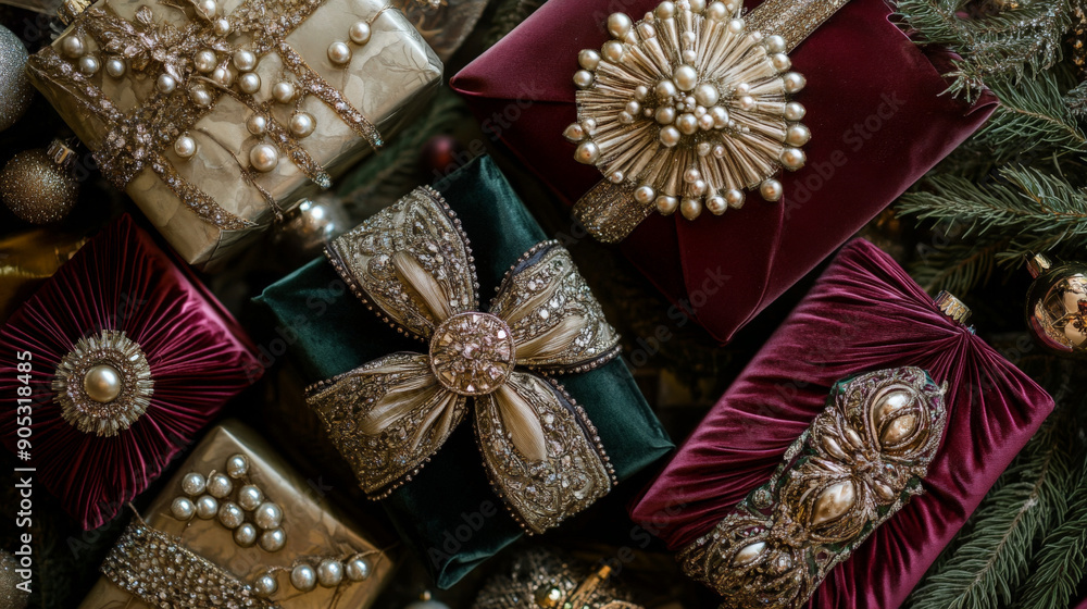 Fototapeta premium A top view of gifts wrapped in luxurious fabrics like velvet and silk, adorned with golden and pearl embellishments, amidst a sea of sparkling tree trimmings and elegant ornaments. The display is