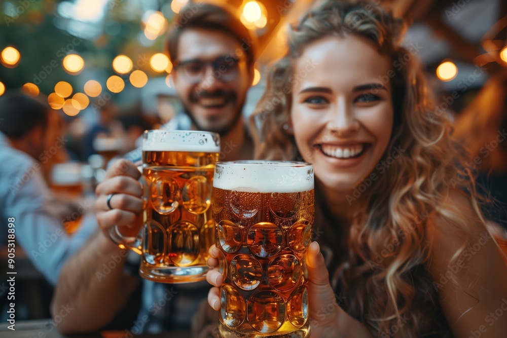 Joyful Friends Celebrating With Large Beer Mugs at Evening Outdoor Gathering Joyful Friends Celebrating With Large Beer Mugs at Evening Outdoor Gathering