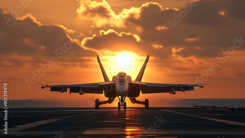 Blazing into the Twilight: F-18 Super Hornet Launches from Aircraft Carrier at Sunset