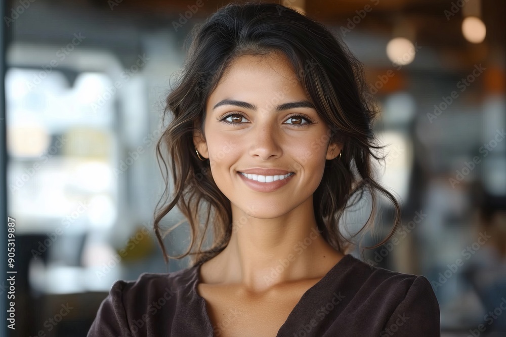 A woman with brown hair and a smile on her face. She is wearing a brown sweater and is standing in front of a wall A woman with brown hair and a smile on her face. She is wearing a brown sweater and is standing in front of a wall