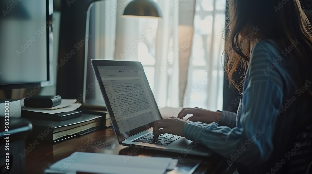 Businesswoman working on laptop computer and document sitting at home office : Generative AI Businesswoman working on laptop computer and document sitting at home office : Generative AI