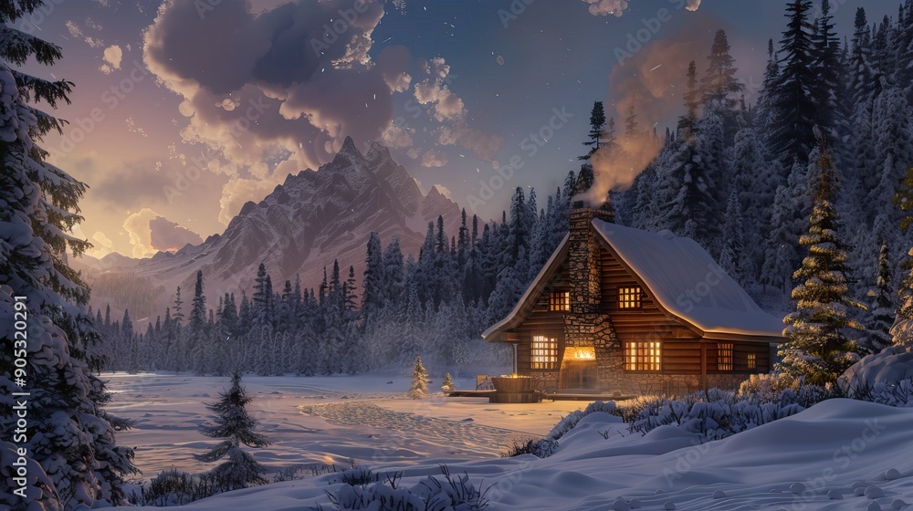 Cozy Log Cabin Surrounded by Crystal Green Pine Trees. AI generated illustration. Cozy Log Cabin Surrounded by Crystal Green Pine Trees. AI generated illustration.