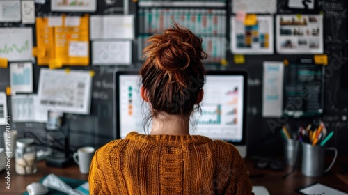 A woman in a cozy, warm sweater works intently on her computer surrounded by charts and data, depicting a fusion of comfort, focus, and diligent analysis in a modern setting.